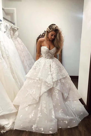 Ball Gown Sweetheart Strapless V Neck Ivory Tulle Wedding Dress with Flowers SME1086