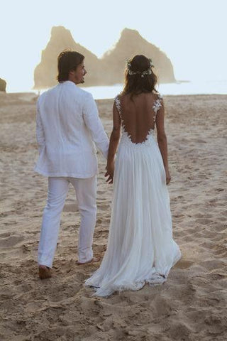 Backless Lace Open Back Sweetheart A-Line White Chiffon Sleeveless Beach Wedding Dresses SME981